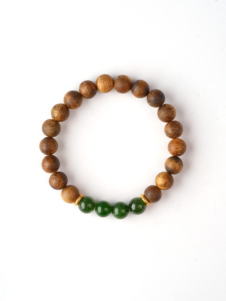 Half Mountain | Agarwood & Hetian Jade Bracelet - Agarwood, Hetian green jade, gold-finished silver bracelet product photograph