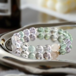 Spring Feast | Amethyst & Green Fluorite Bracelet - Amethyst, green fluorite, clear quartz, sakura agate, rose quartz, sterling silver bracelet product photograph