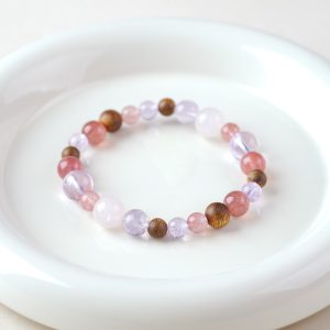 Misty Glow | Agarwood & Rose Quartz Bracelet - Agarwood, amethyst, rose quartz, strawberry quartz bracelet product photograph