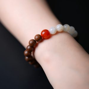 Good Fortune | Six-Path Wood & Moonstone Bracelet - Six-Path wood, moonstone, dragon-scale agate, gold-finished silver bracelet product photograph