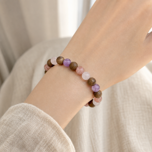 Misty Glow | Agarwood & Rose Quartz Bracelet - Agarwood, amethyst, rose quartz, strawberry quartz bracelet product photograph