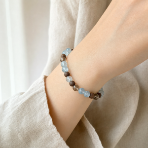 Moonlit Sea | Aquamarine & Agarwood Bracelet - Aquamarine, agarwood, grey moonstone, smoky quartz bracelet product photograph