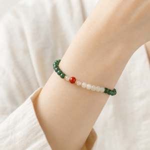 Jade Balance | Hetian Jade & Red Agate Bracelet - Hetian green jade, Hetian jade, red agate, gold-finished silver bracelet product photograph