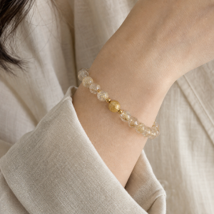 Golden Radiance | 8 mm Rutilated Quartz Bracelet - Gold rutilated quartz, citrine, gold-finished silver bracelet product photograph
